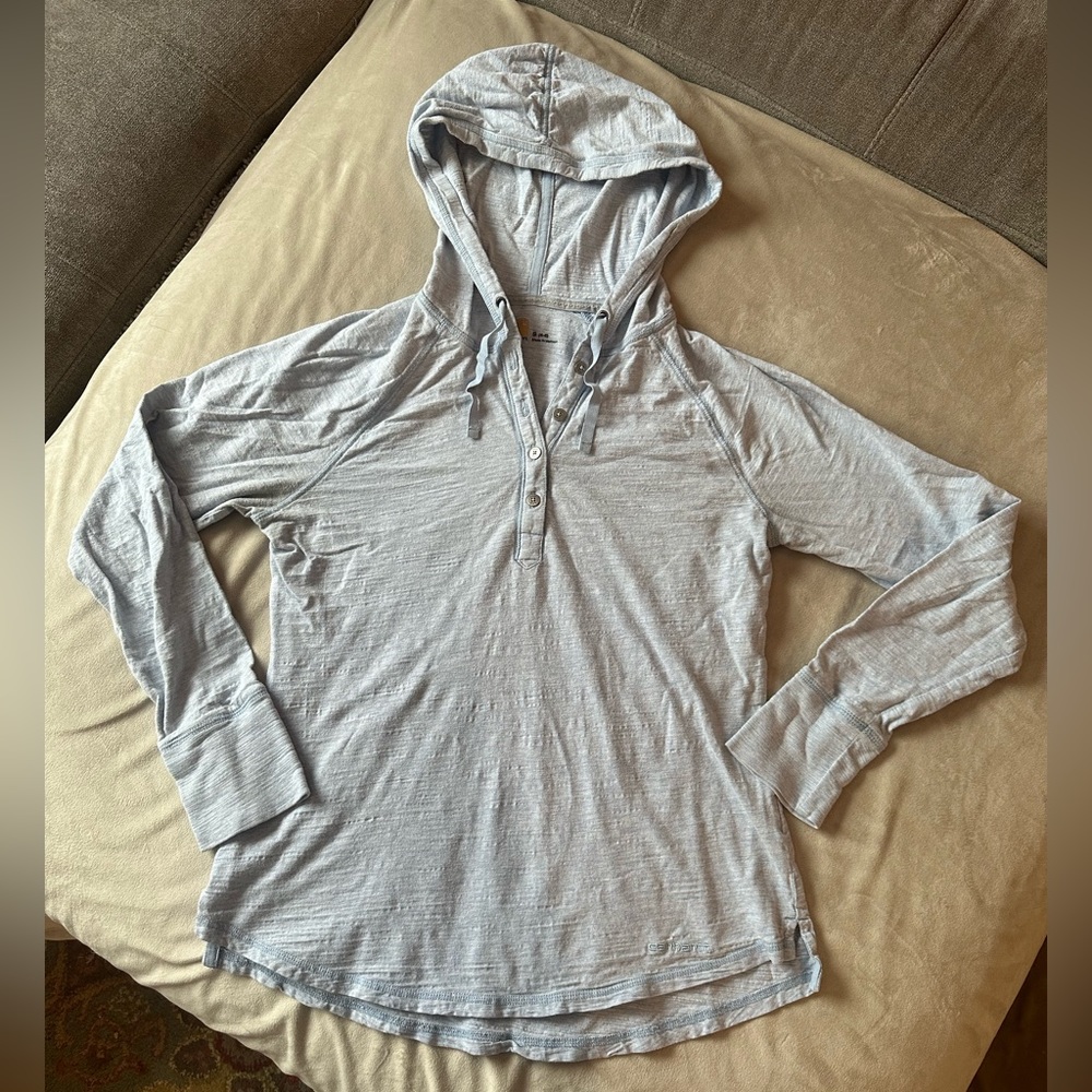 Women’s Light Blue Carhartt Hooded Long Sleeve Tee Size S